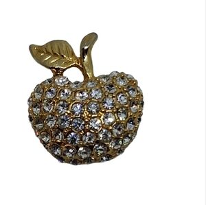 Vintage Gold Tone Rhinestone Apple Brooch Pin Crystal Pave Teacher Gift